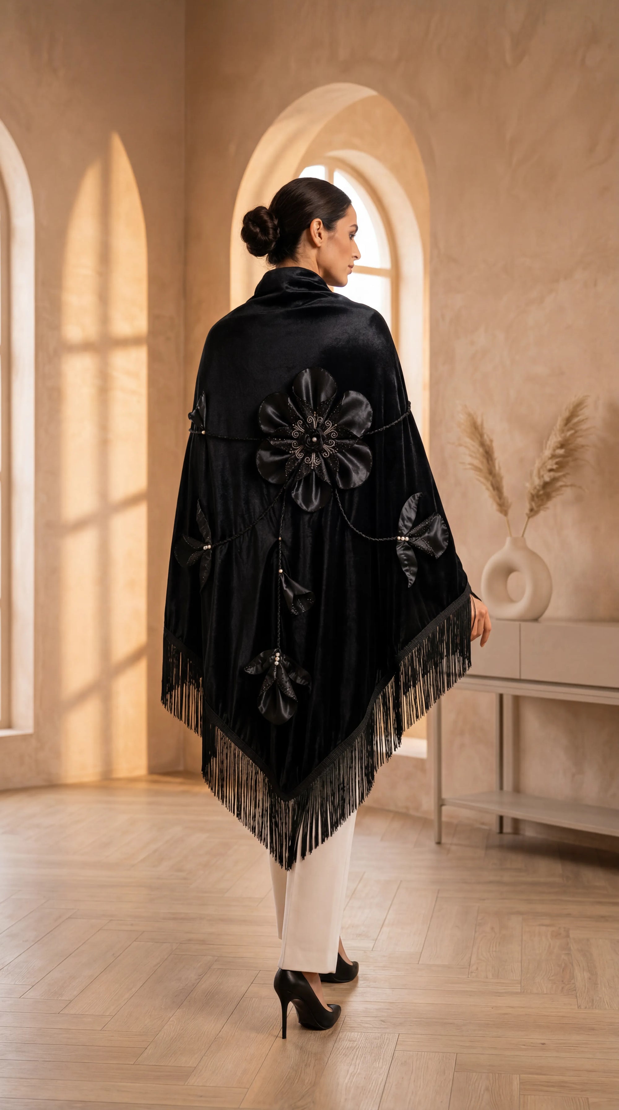 Handmade Flower Aplique Velvet Black Shawl