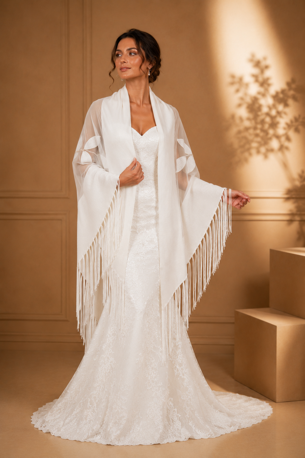 White Bridal Knit and Tulle Shawl