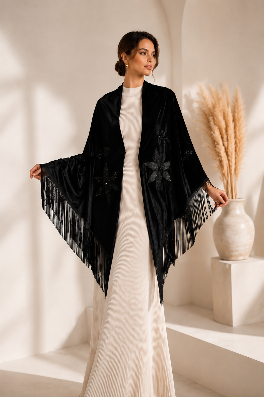 Handmade Embellisment Flower Aplique Velvet Black Shawl