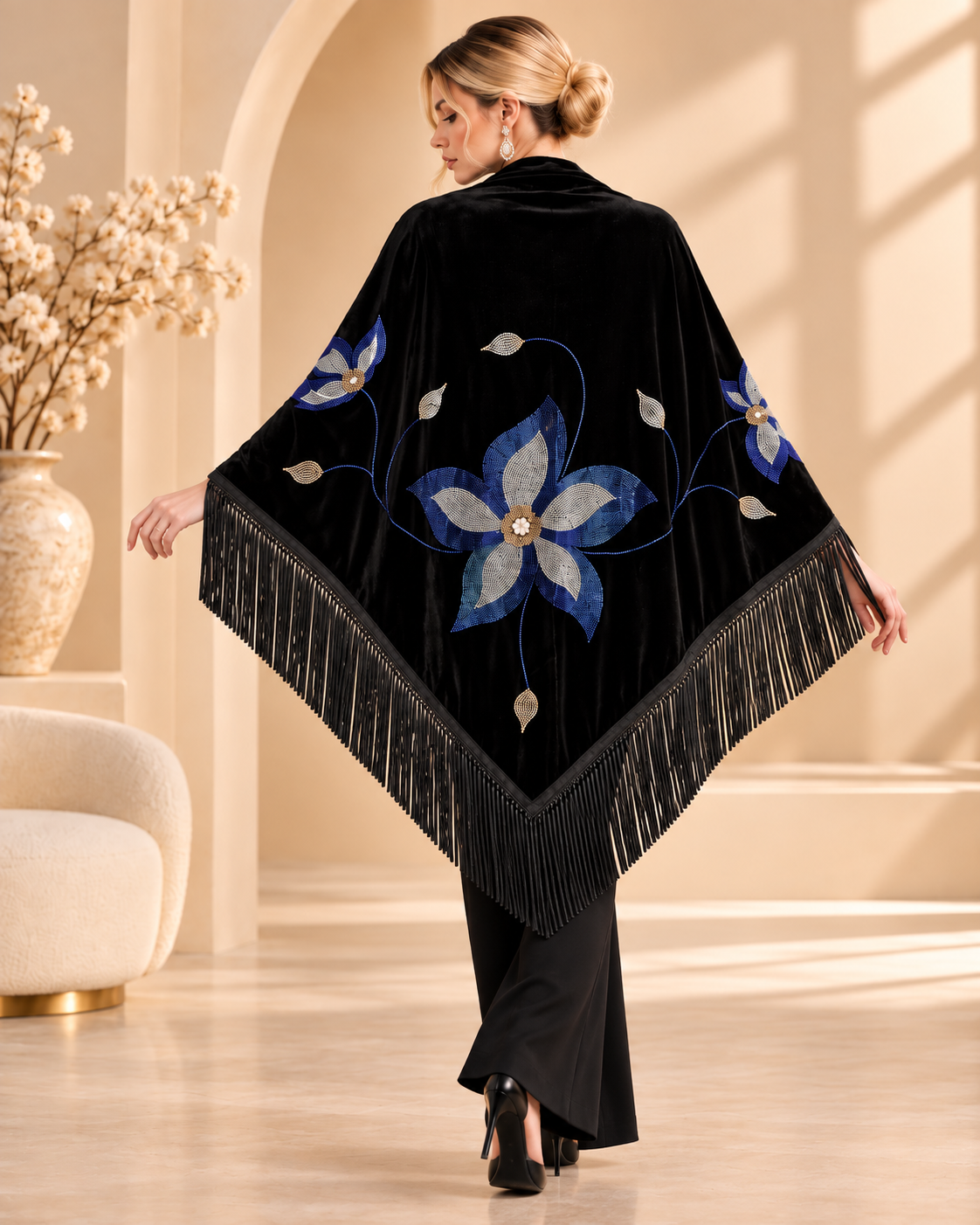 Velvet Shawl with Blue Crystal Floral Stones