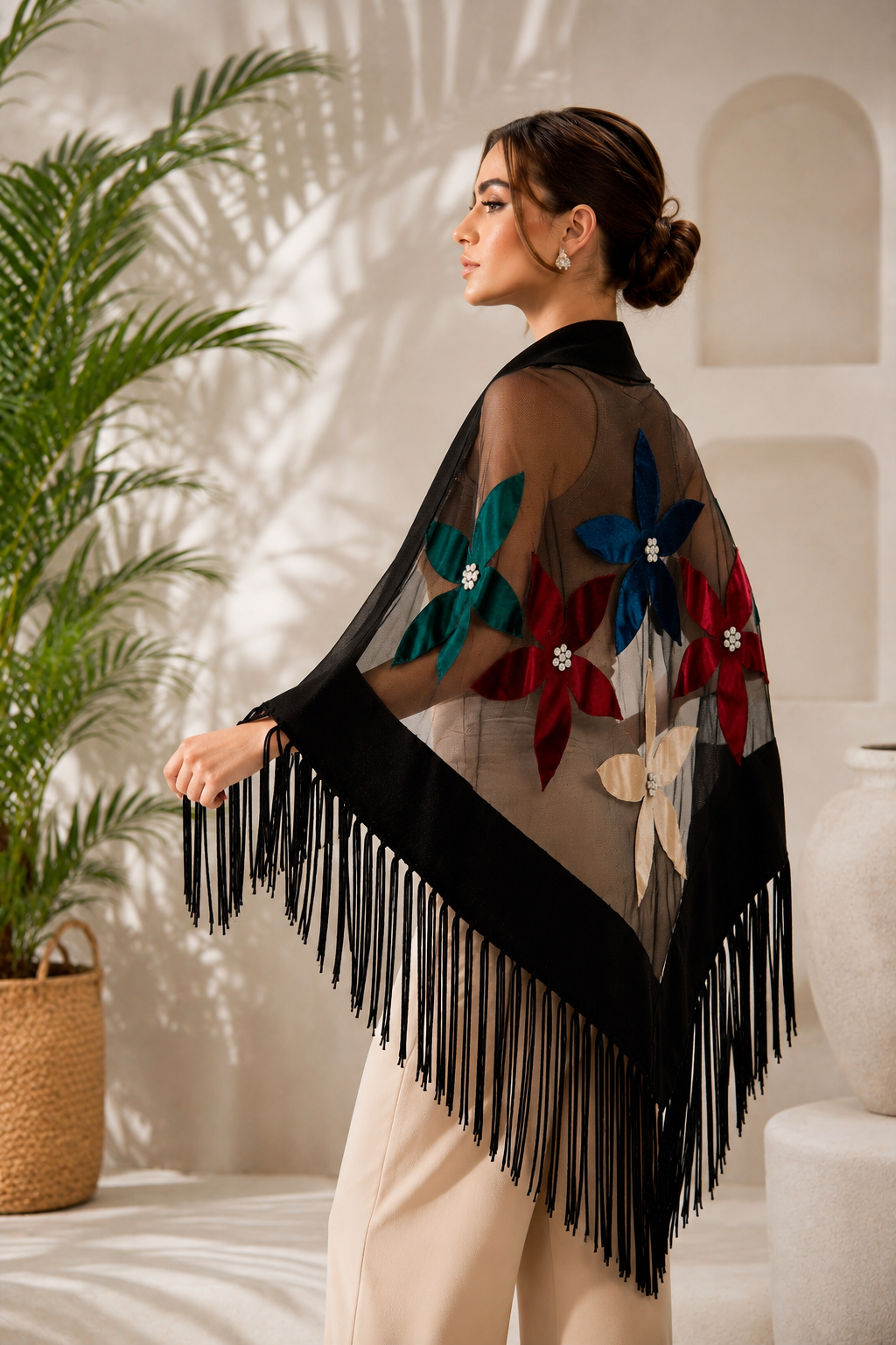 Colorful Velvet Flowers Knit and Tulle Shawl