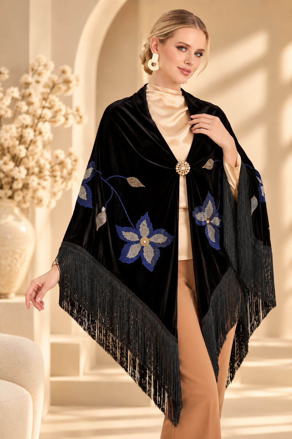 Velvet Shawl with Blue Crystal Floral Stones