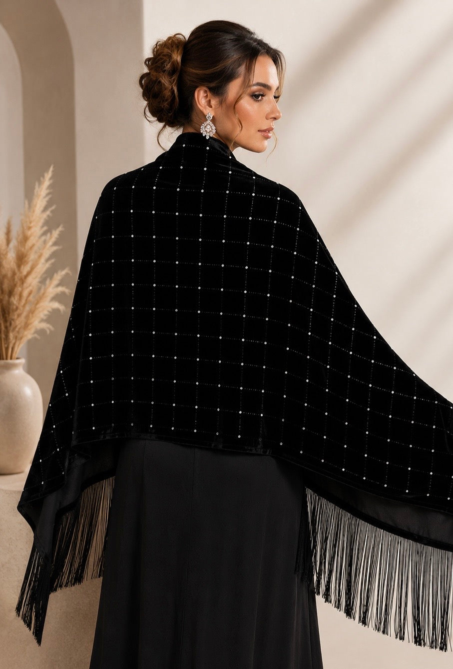Black Velvet Shawl with Crystal Stones