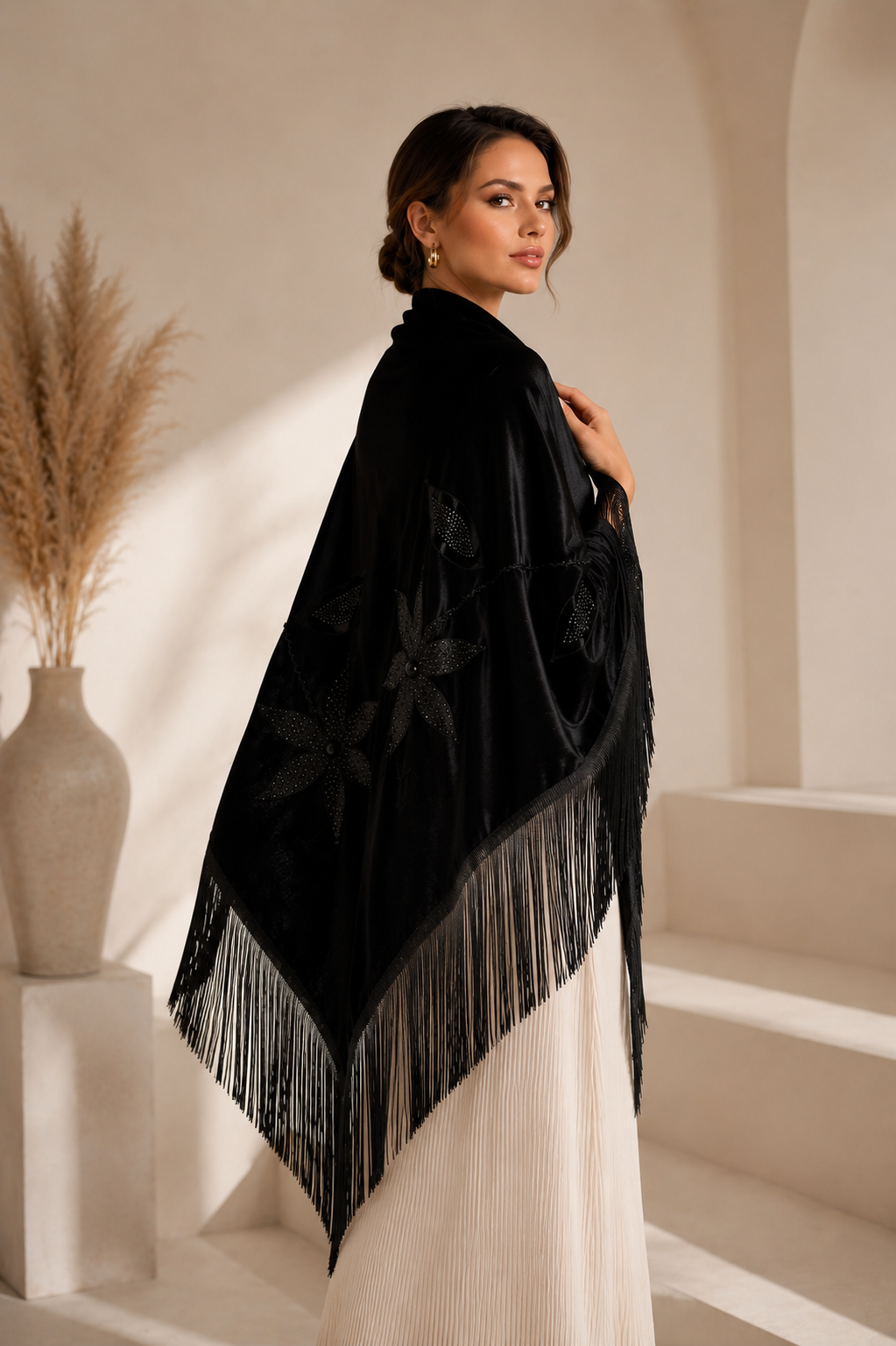 Handmade Embellisment Flower Aplique Velvet Black Shawl