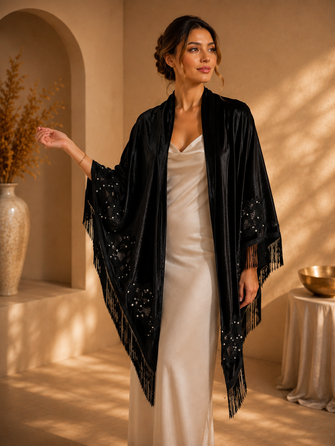 Black Embroidery Velvet Shawl with Pearl