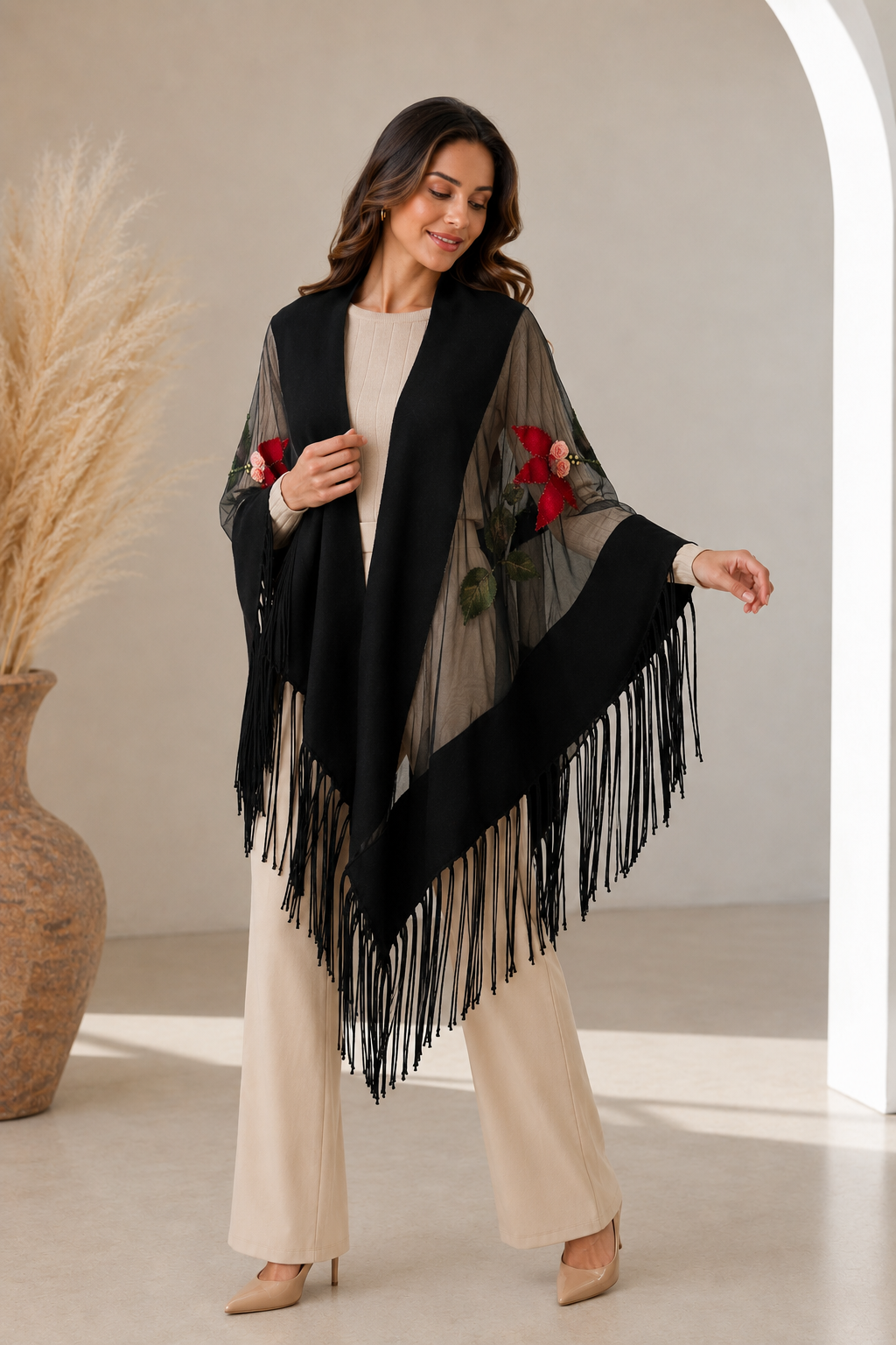 Handmade Stones Colorful Evening Knit and Tulle Shawl