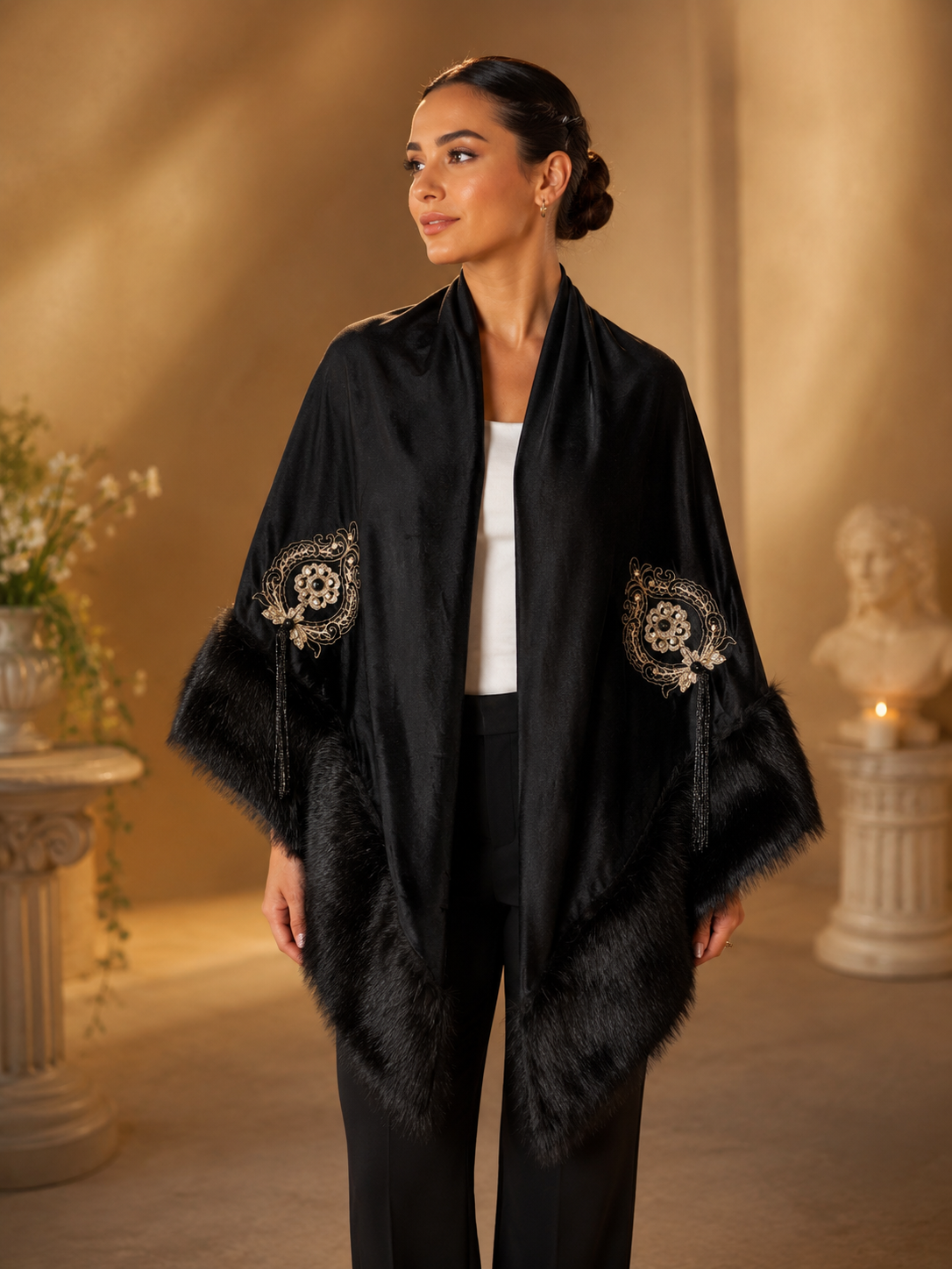 Embroidery Velvet Faux Fur Shawl