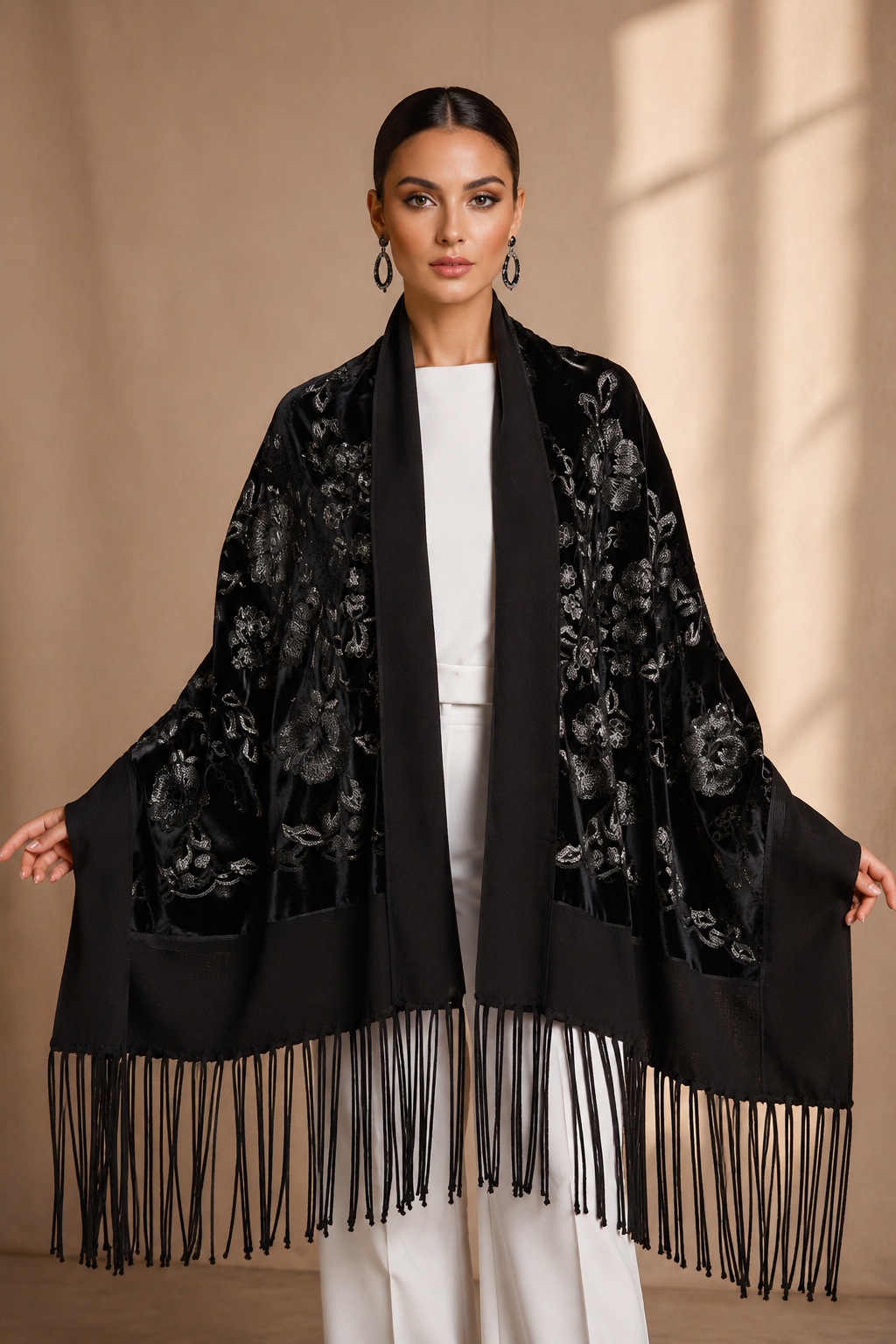 Embroidered Floral and Sequins Velvet Shawl with Wool Border