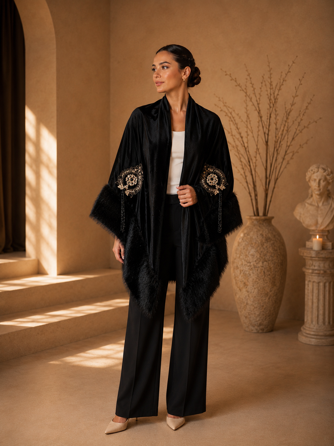 Embroidery Velvet Faux Fur Shawl