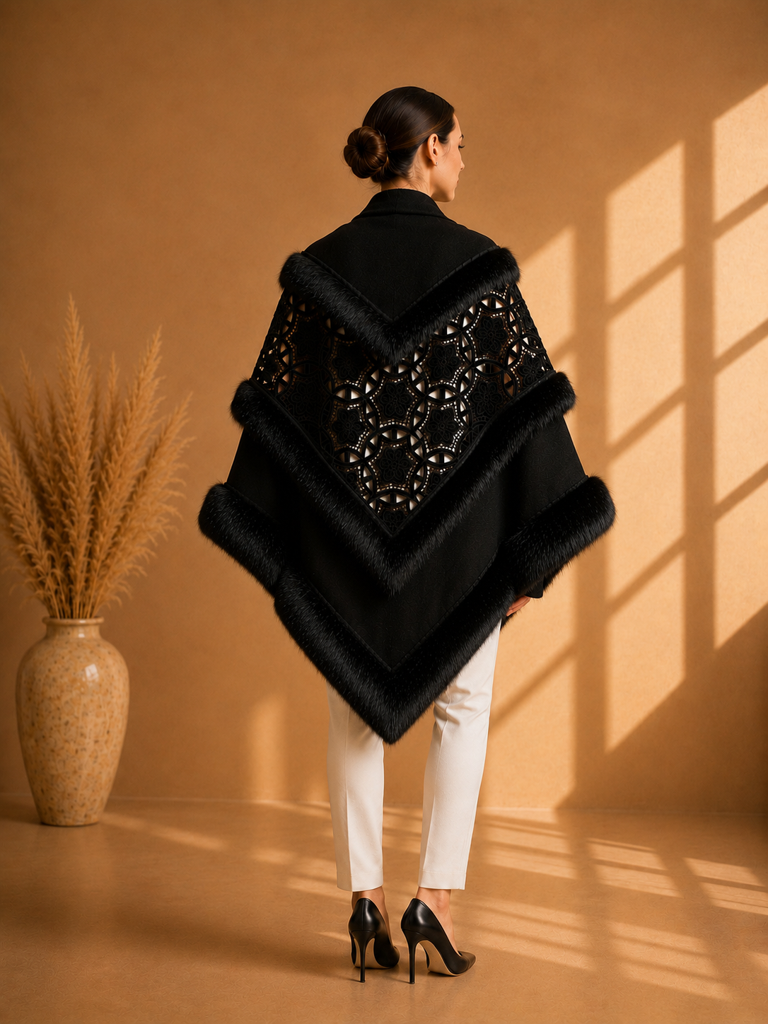 Black Embroidery Knit Shawl with Faux Fur