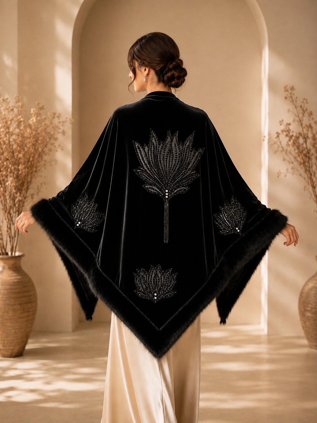 Velvet Evening Crystal Stones Embroidery Shawl with Faux Fur