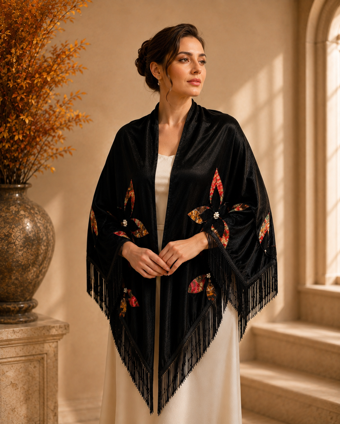 Velvet Evening Shawl with Floral Applique