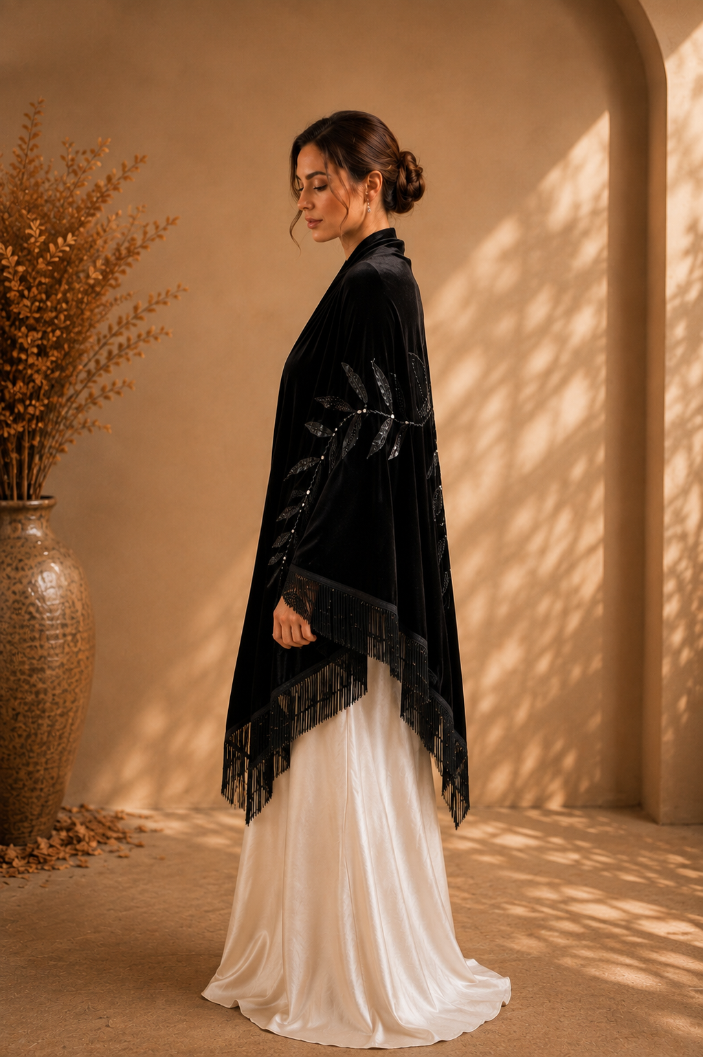 Black Velvet Shawl with Floral Applique