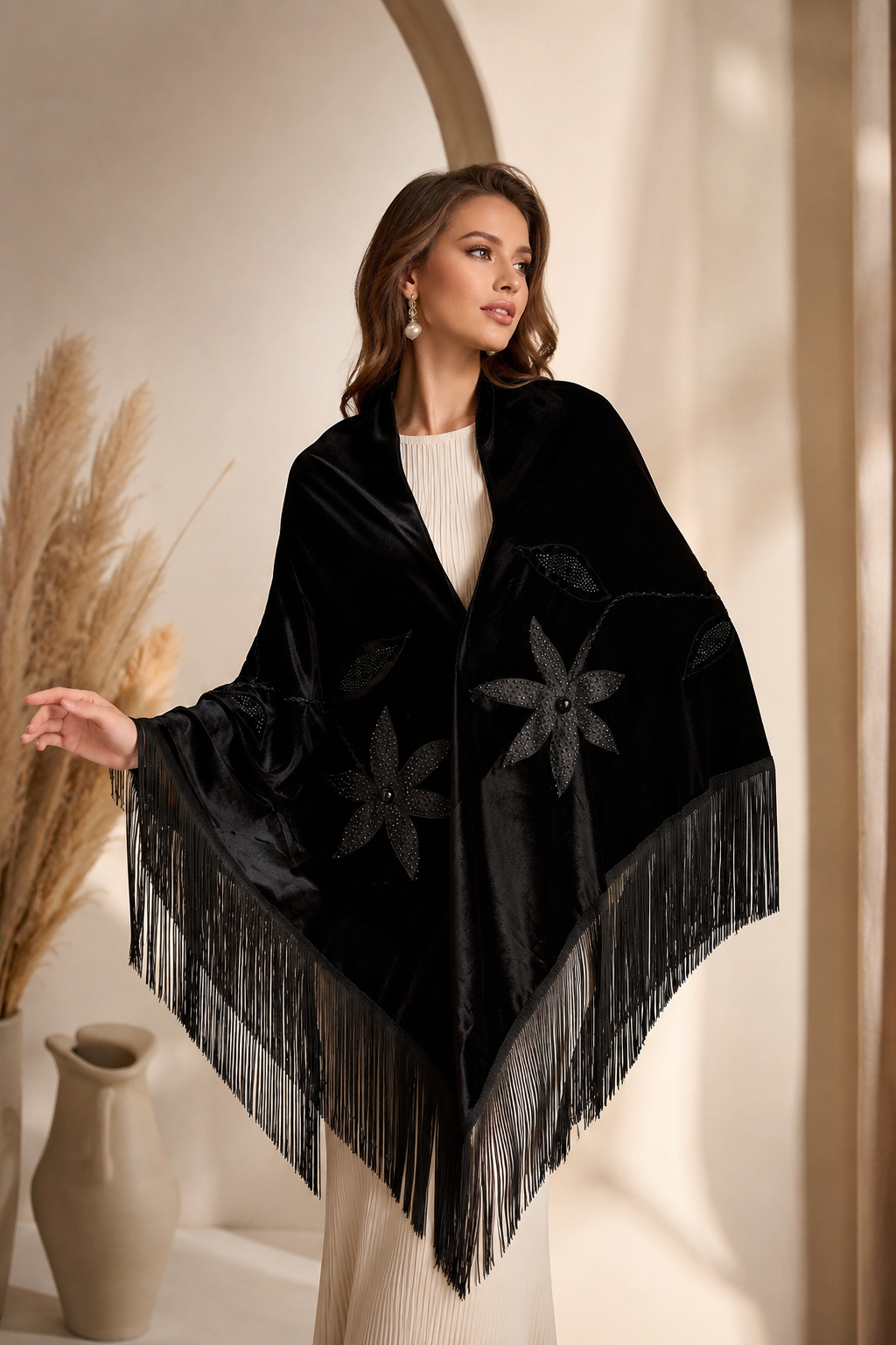Handmade Embellisment Flower Aplique Velvet Black Shawl