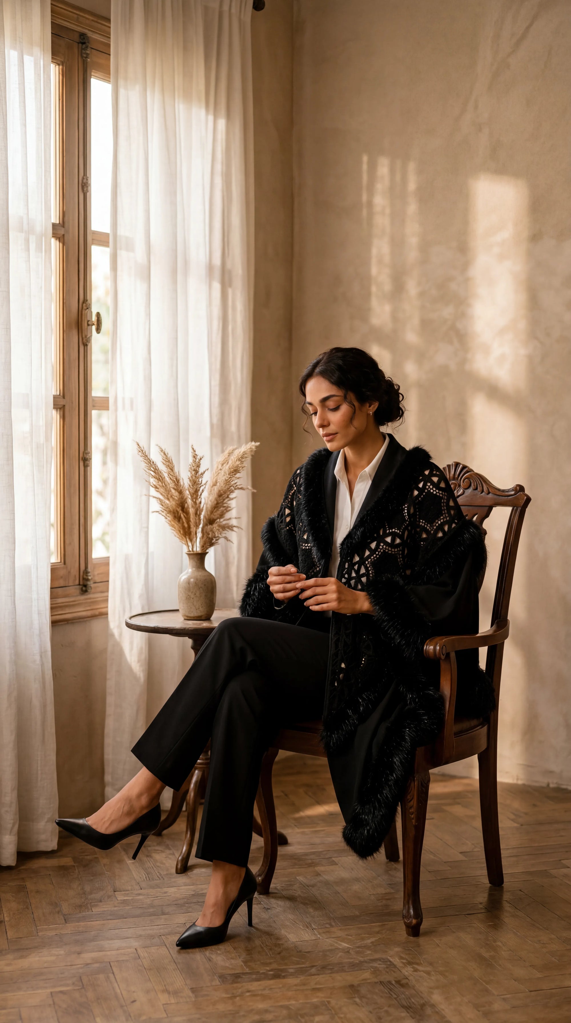 Black Embroidery Knit Shawl with Faux Fur