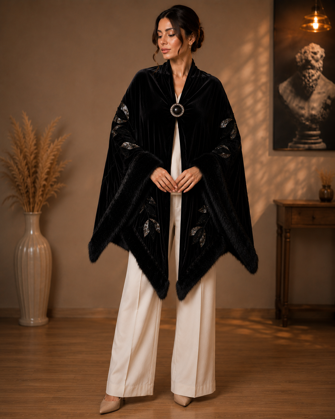 Faux Fur and Velvet Shawl with Aplique