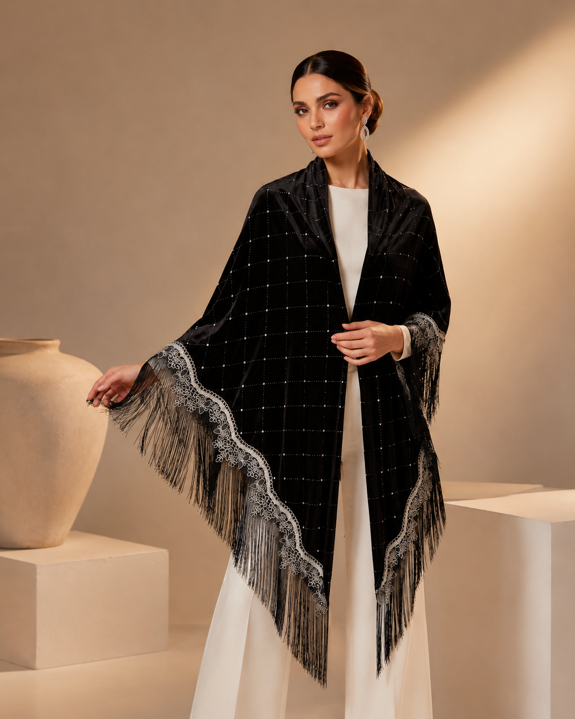 Silver Embroidery and Fringe Velvet Shawl