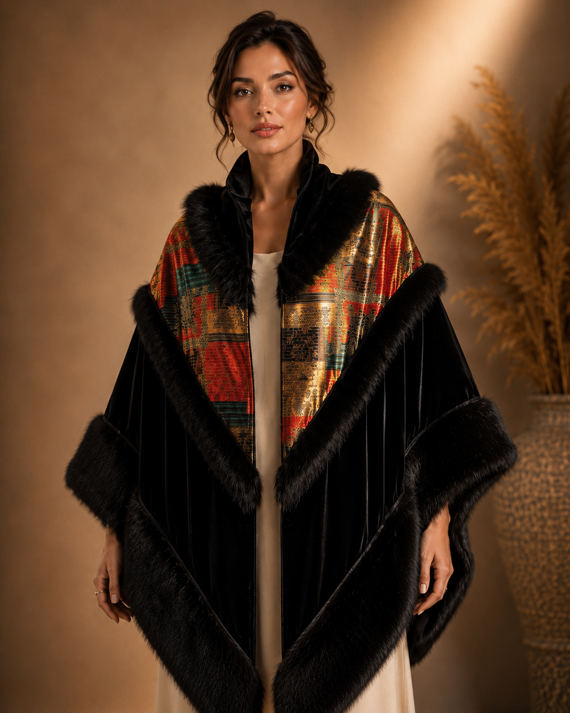 Velvet Shawl with Fur and Red Pattern Fabric