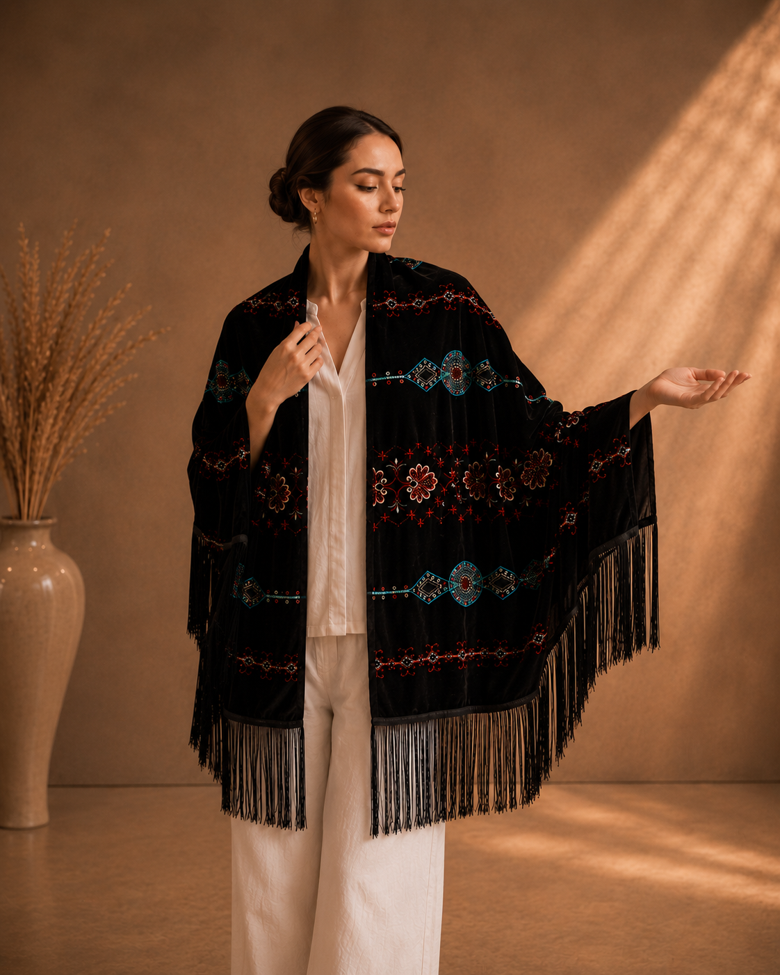Ethnic Embroidery Black Velvet Shawl