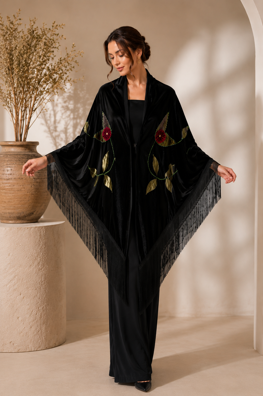 Handmade Embellisment Flower Aplique Velvet Black Shawl
