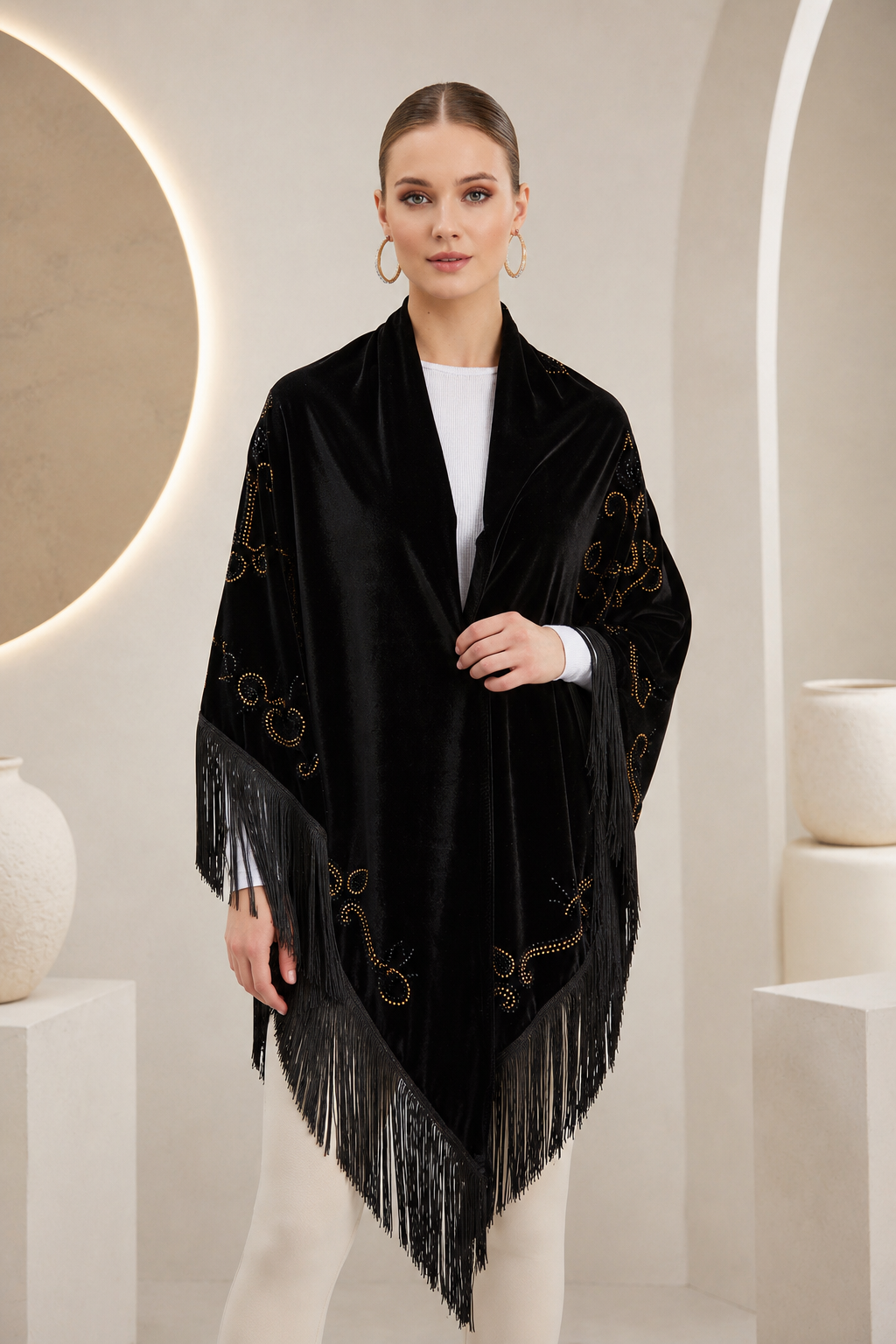 Black Velvet Shawl with Crystal Embellishments