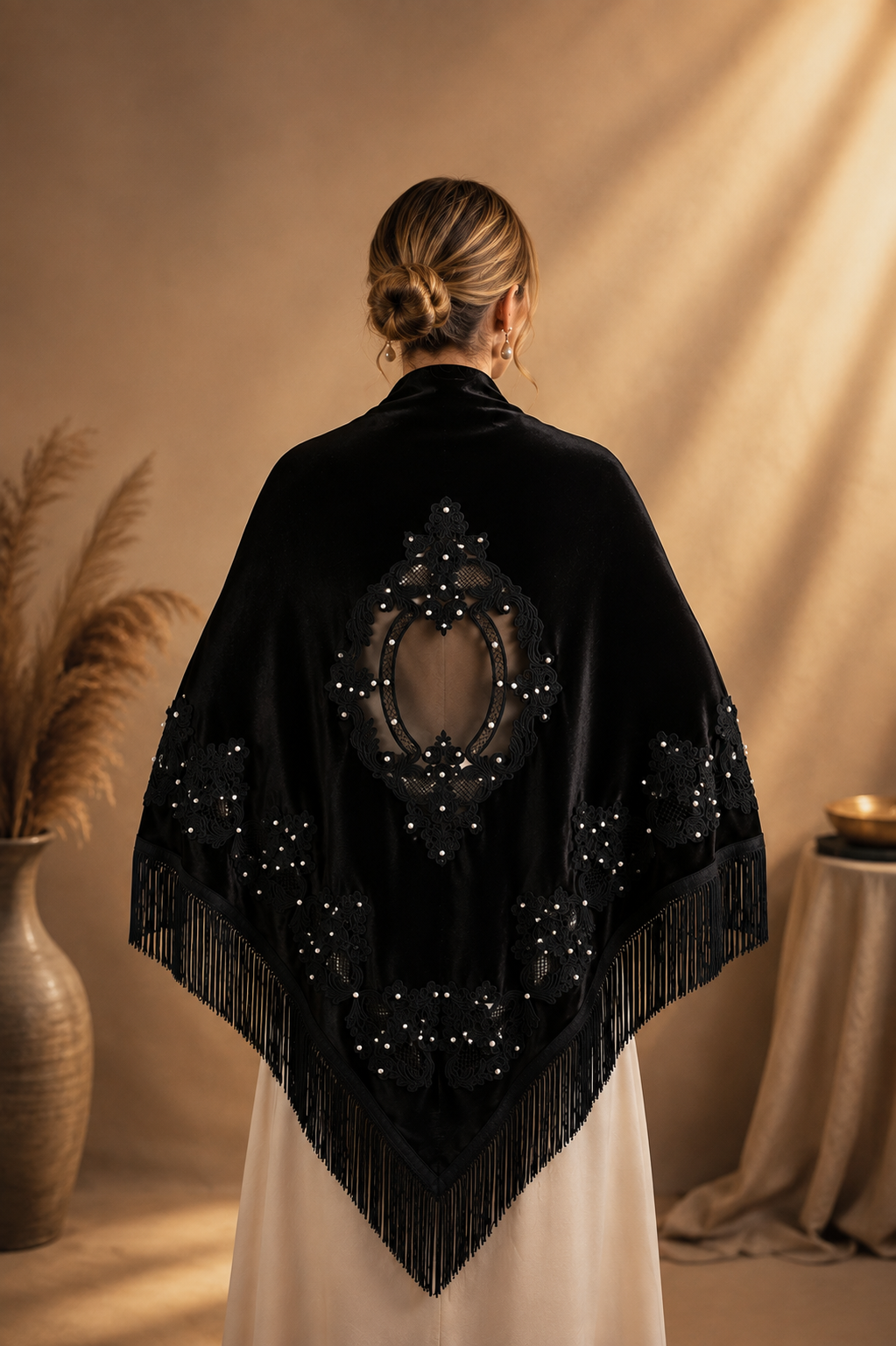 Black Embroidery Velvet Shawl with Pearl