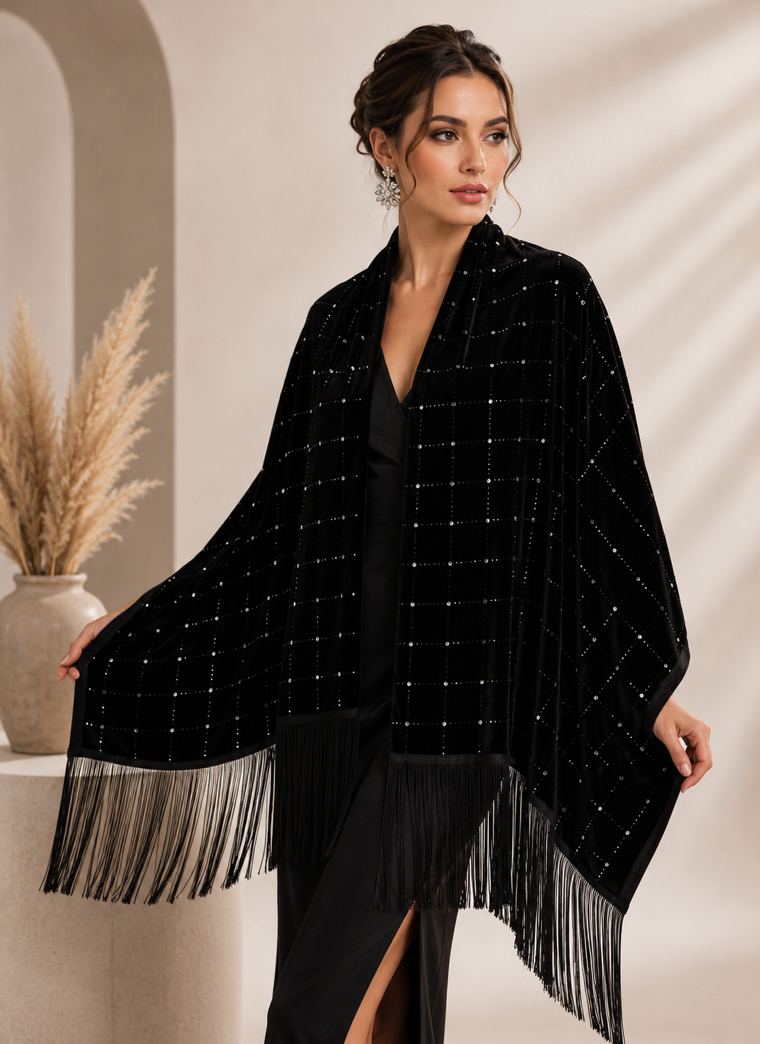 Black Velvet Shawl with Crystal Stones