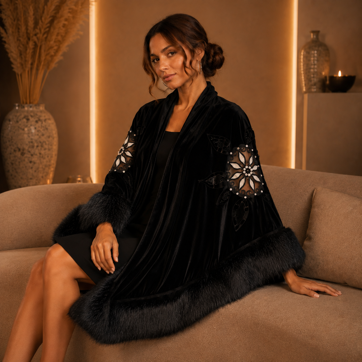 Black Velvet Shawl with Silver Embroidery and Faux Fur