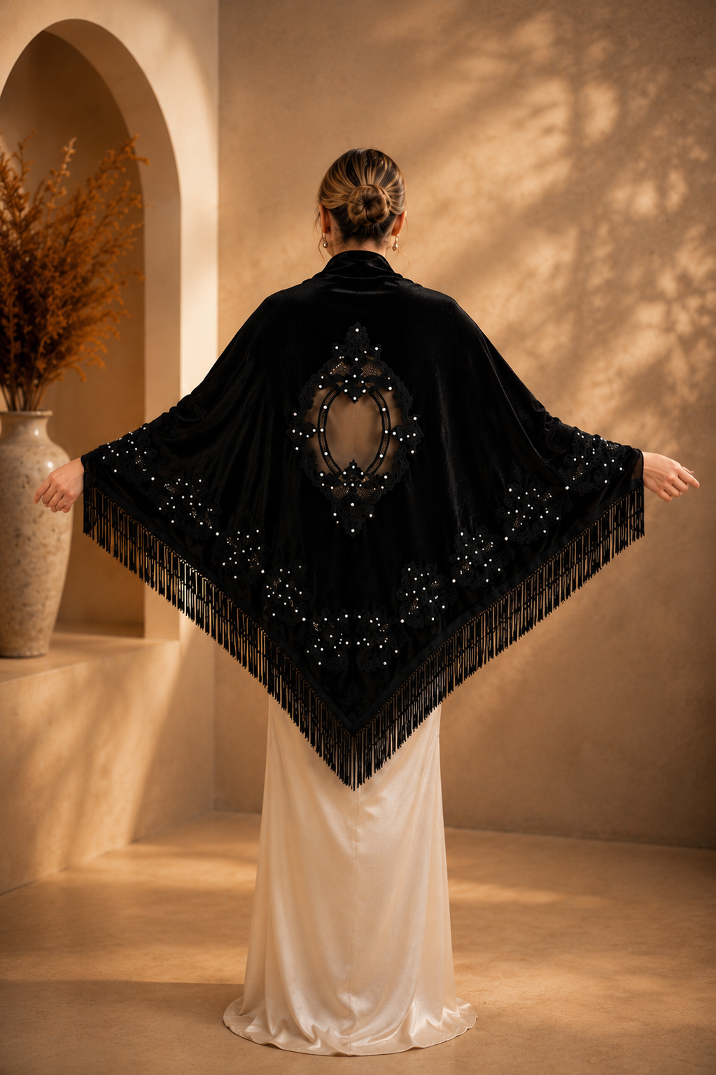 Black Embroidery Velvet Shawl with Pearl