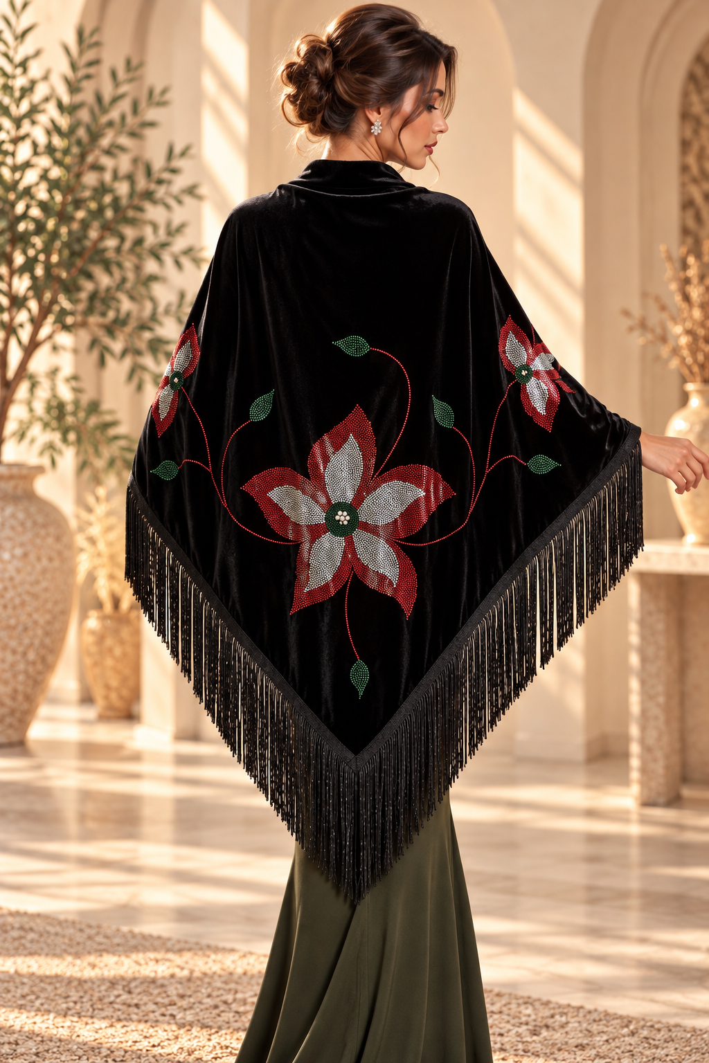 Velvet Shawl with Crystal Floral Stones
