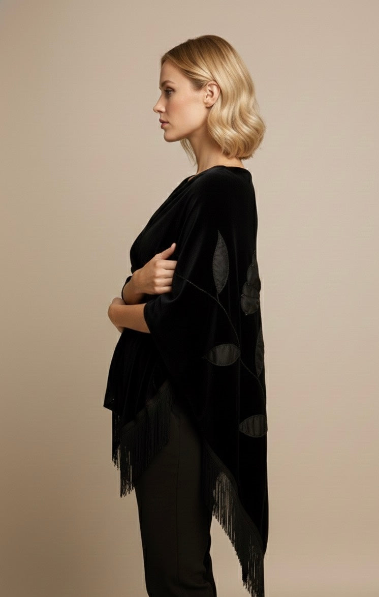 Handmade Embellisment and Flower Aplique Velvet Black Shawl