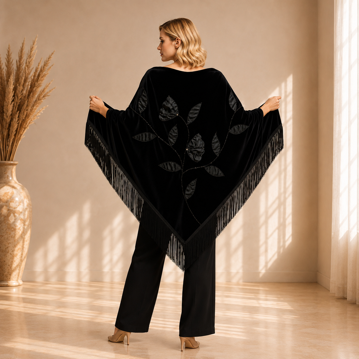 Handmade Embellisment and Flower Aplique Velvet Black Shawl