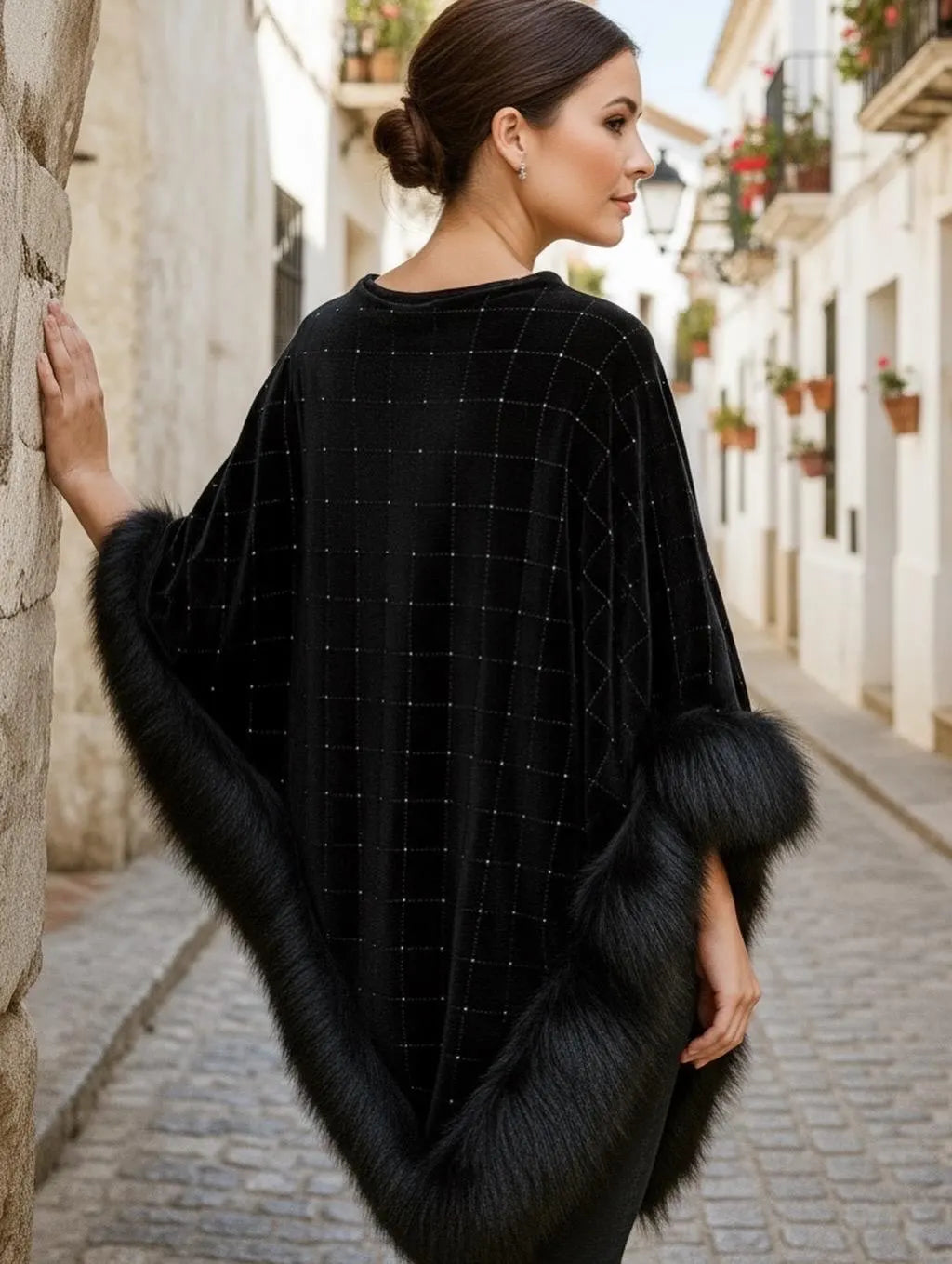 Black Velvet Evening Shawl Fur Trim