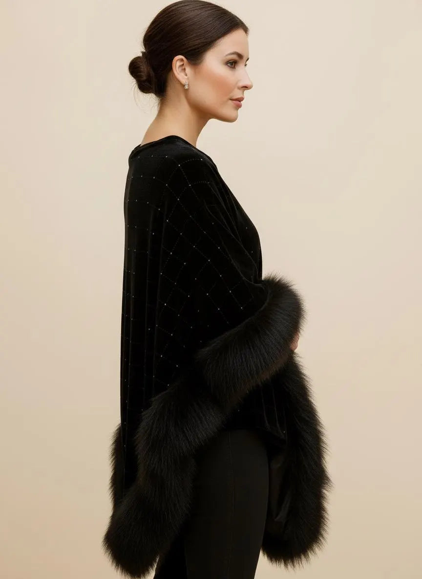 Black Velvet Evening Shawl Fur Trim