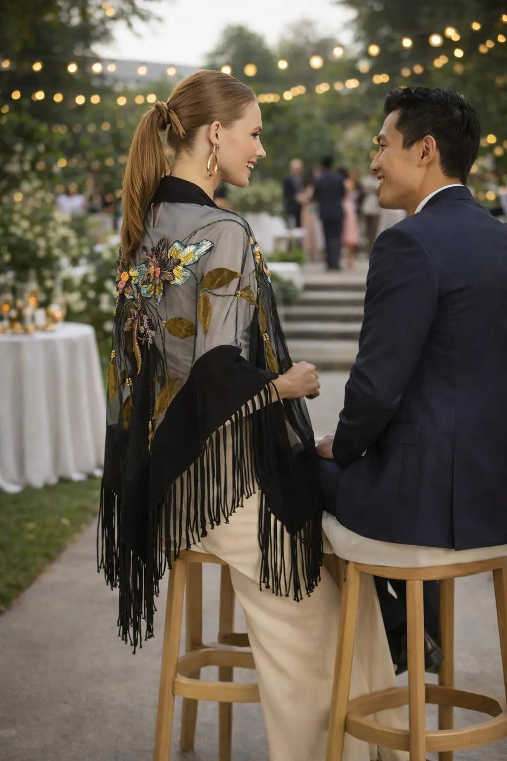 Embroidered Designer Shawl Black Wool and Tulle