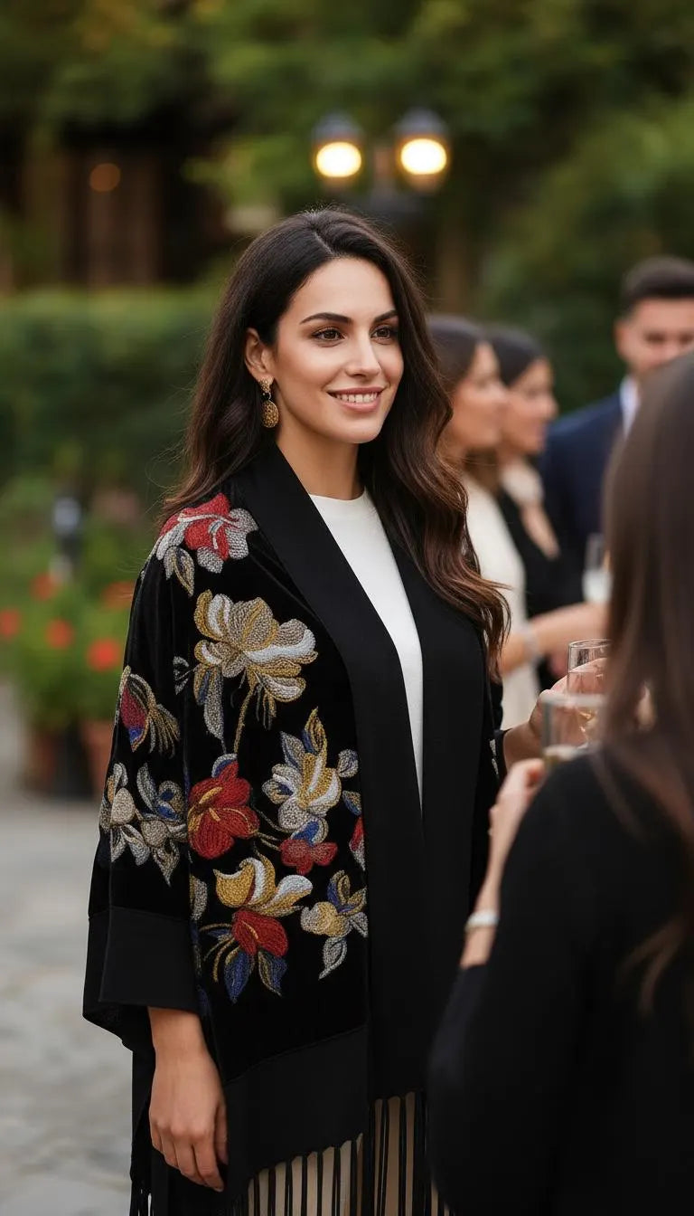 Embroidered Wool Black Floral Evening Scarf