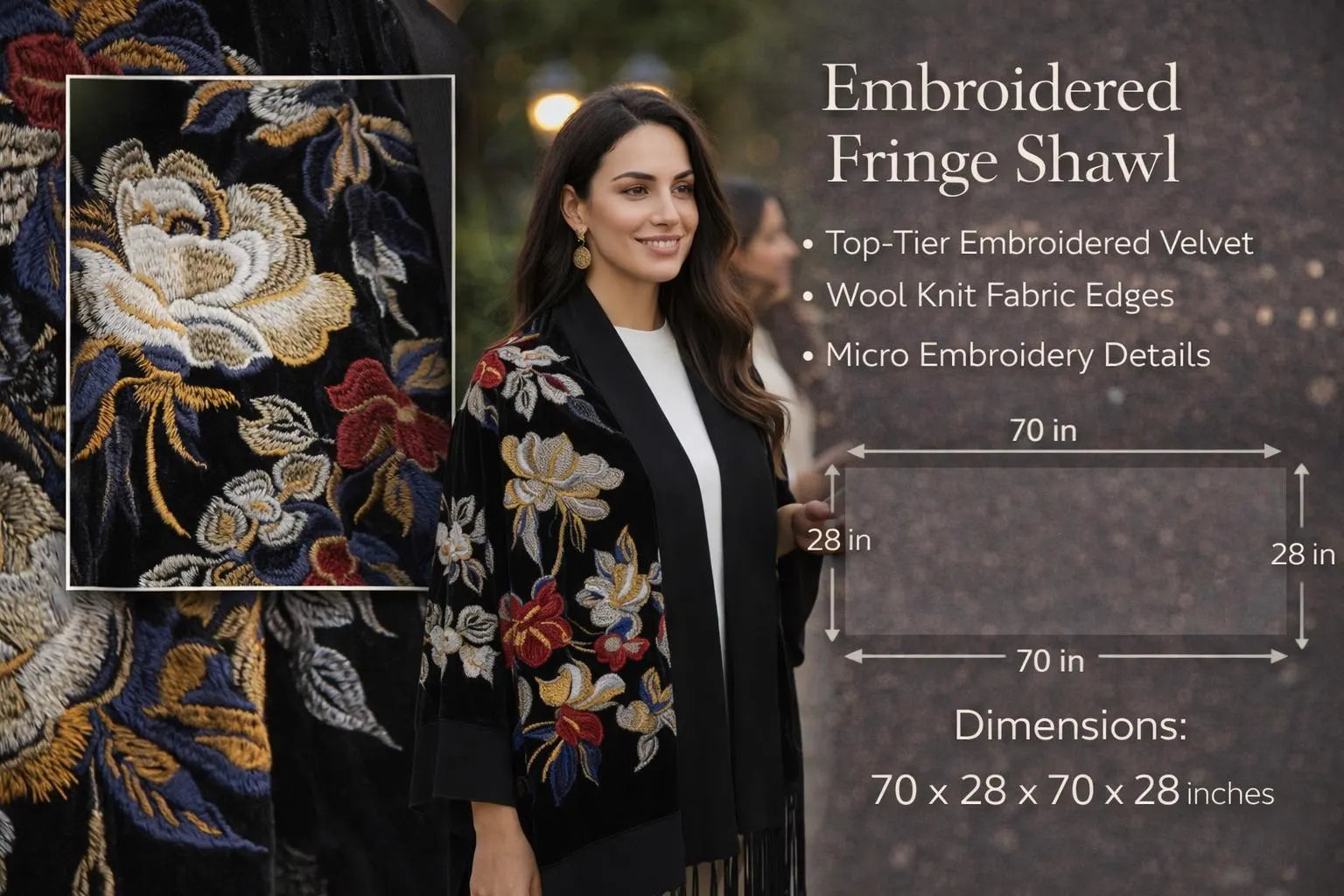 Embroidered Wool Black Floral Evening Scarf