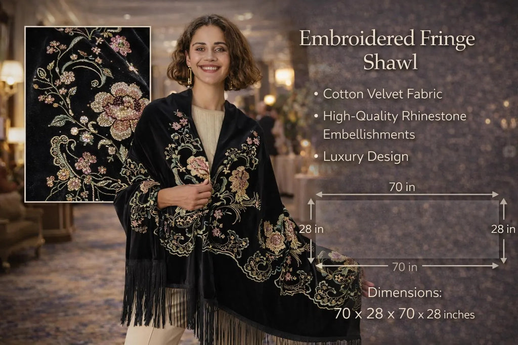 Floral Embroidery Black Velvet Shawl