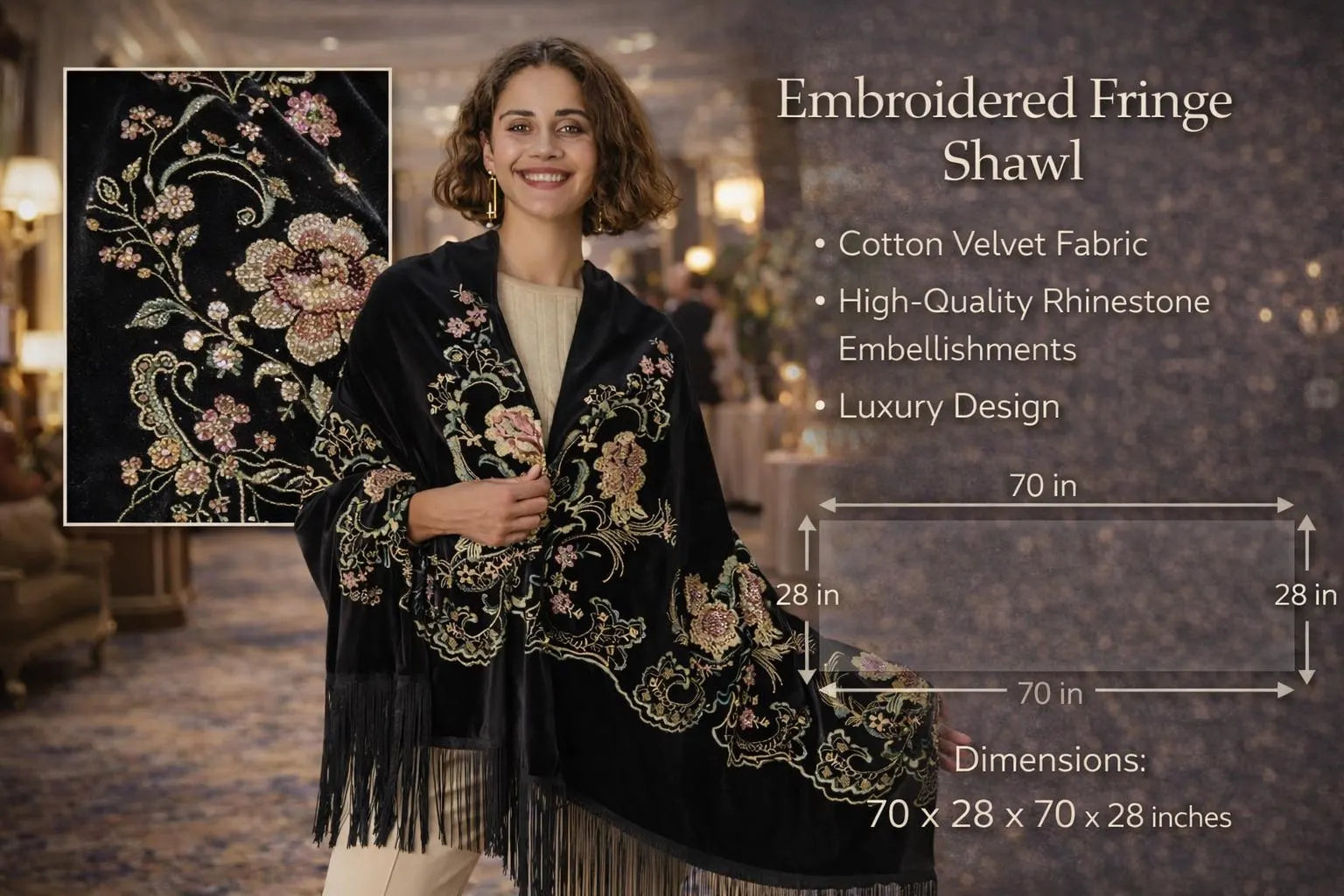 Floral Embroidery Black Velvet Shawl