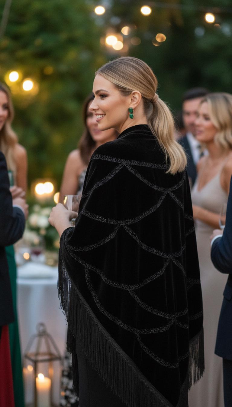 Black Velvet Shawl with Crystal Stone