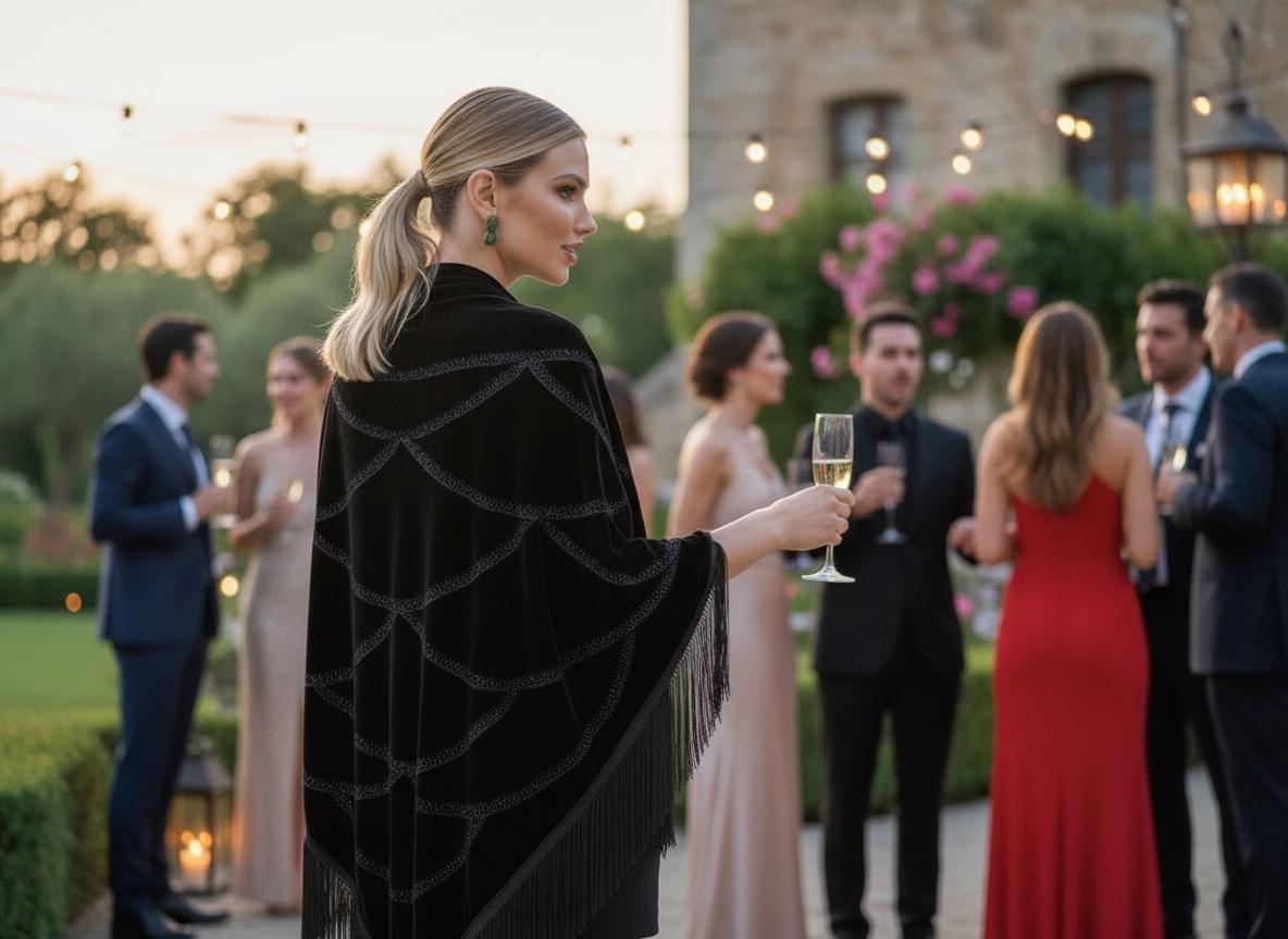 Black Velvet Shawl with Crystal Stone