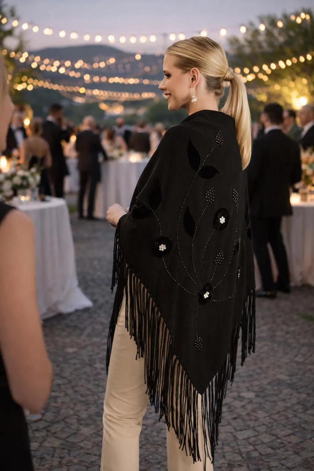Black Wool Shawl with Velvet Floral Appliqué