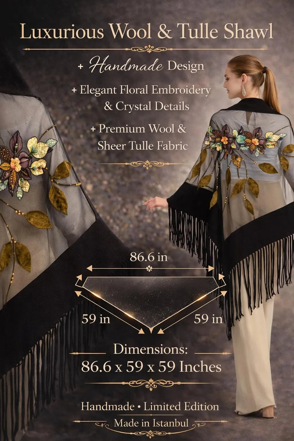 Embroidered Designer Shawl Black Wool and Tulle