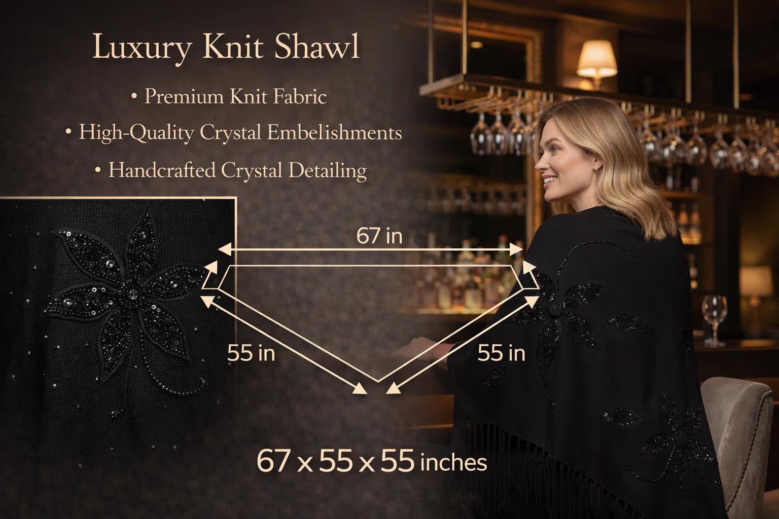 Black Knit Shawl with Handmade Crystal Embellishments