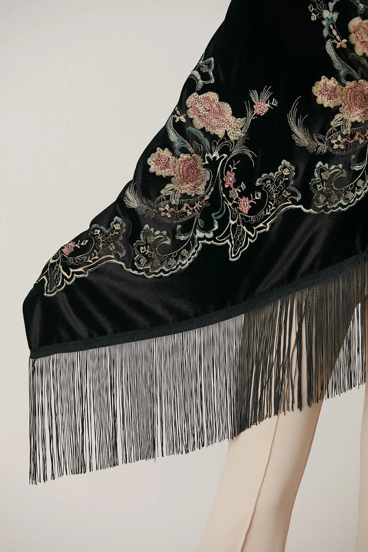 Floral Embroidery Black Velvet Shawl