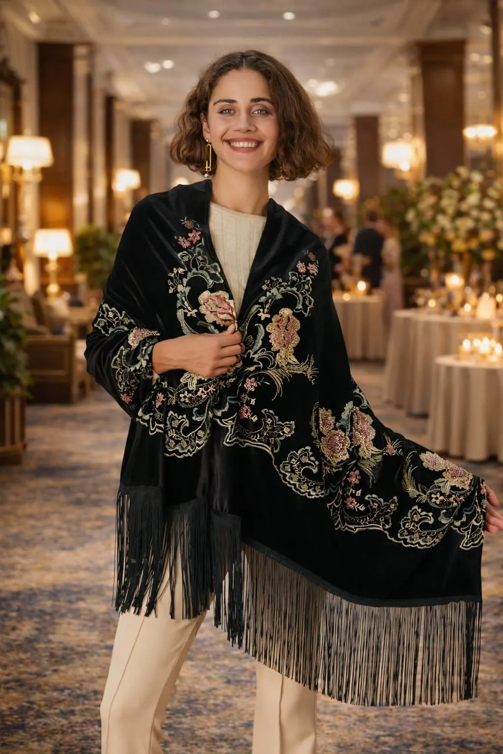 Floral Embroidery Black Velvet Shawl
