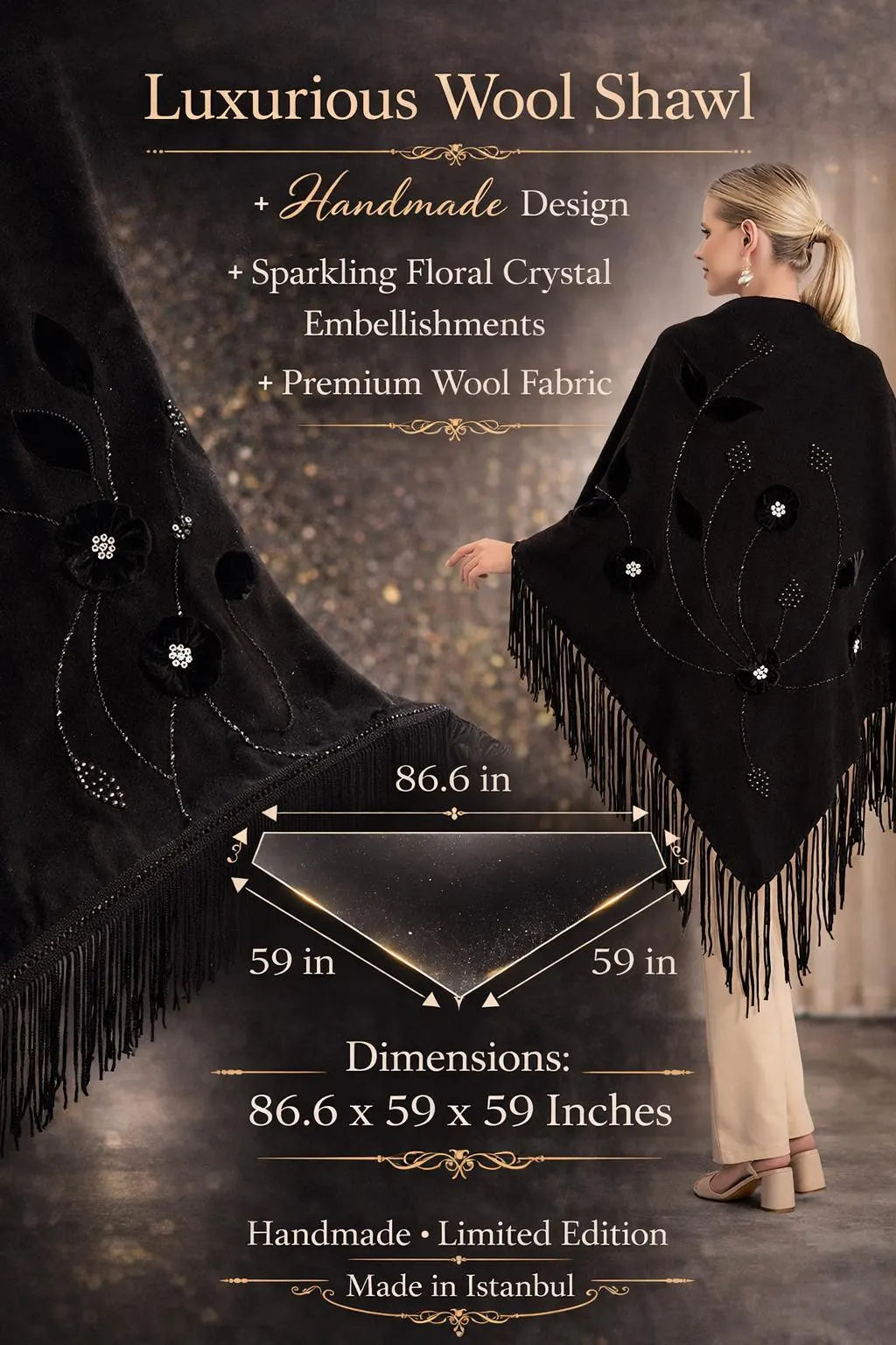 Black Wool Shawl with Velvet Floral Appliqué