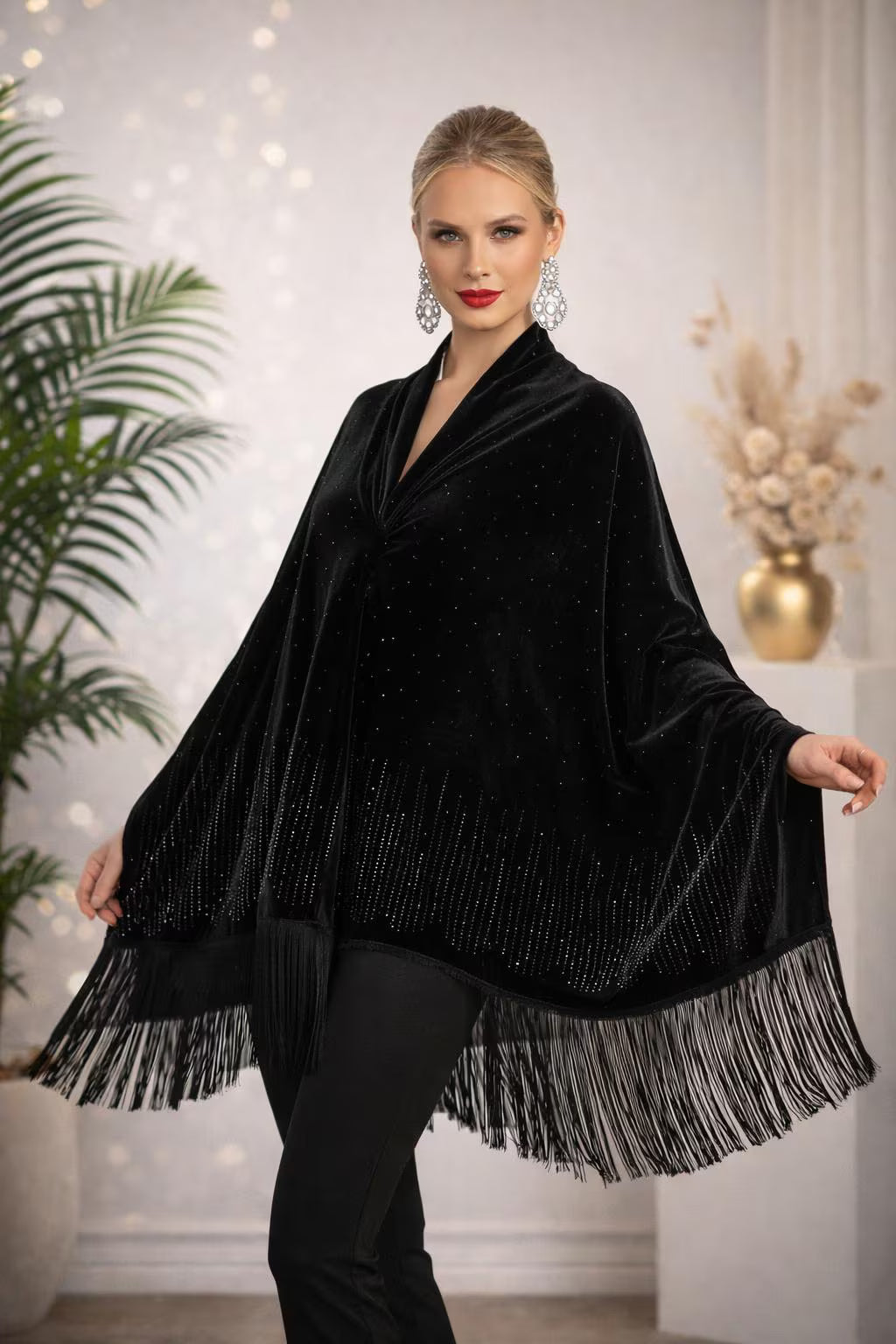 Black Velvet Evening Shawl wit Crystal Embellisments