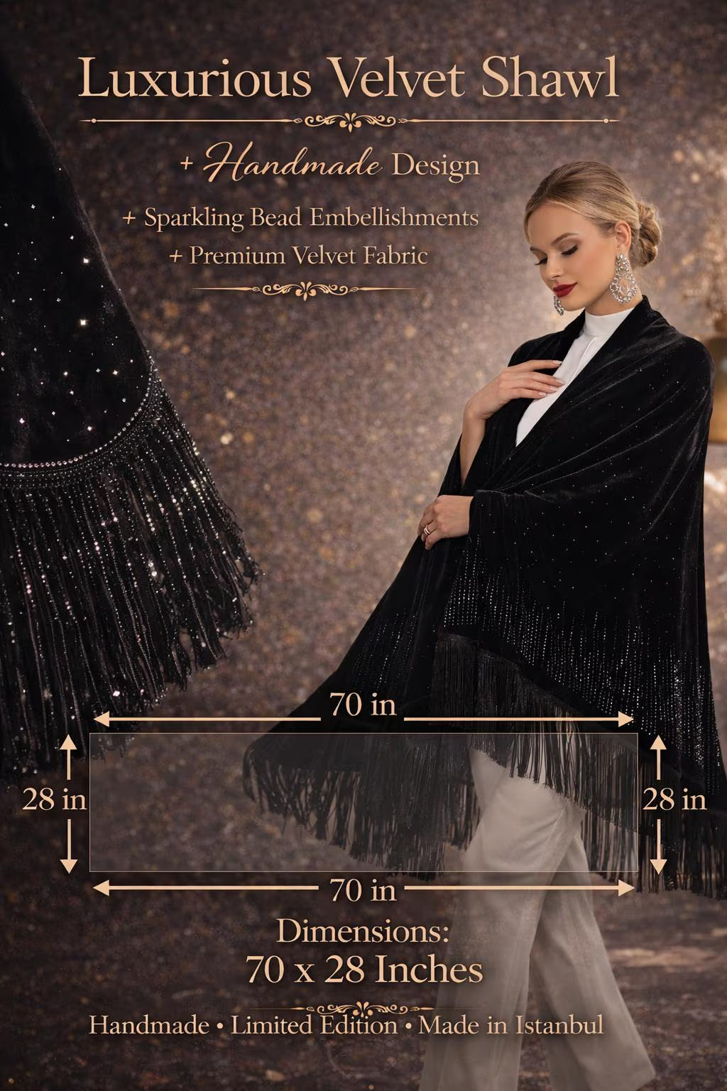 Black Velvet Evening Shawl wit Crystal Embellisments