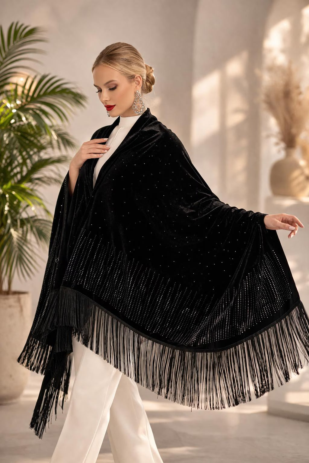 Black Velvet Evening Shawl wit Crystal Embellisments